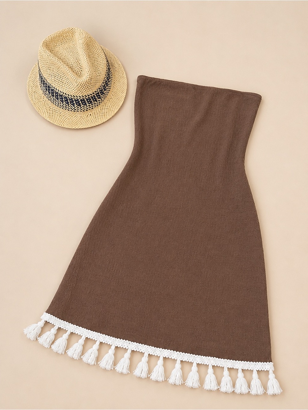 Brown Strapless Mini Dress with Tassel Hem